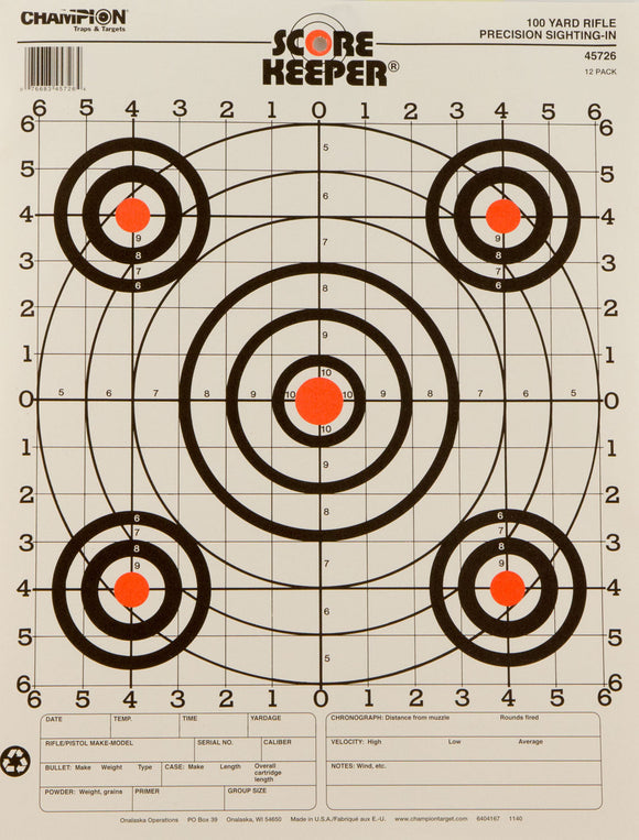 Champion Targets 45726 Scorekeeper 100yd Sight-In Bullseye Hanging Paper Target 14